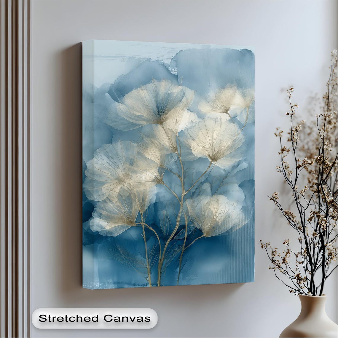 White Floral Blossoms On Blue Watercolor Botanical Painting Poster