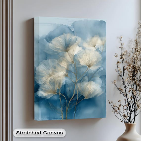Blue Beige Floral Canvas Wall Art Modern Botanical Print With Gold Frame