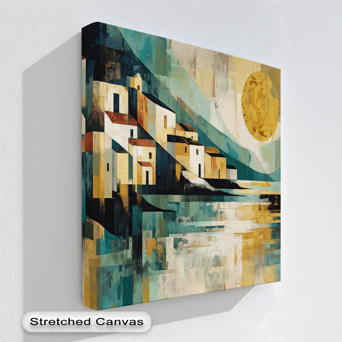 Mediterranean Village Abstract Teal Gold Coastal Canvas Poster