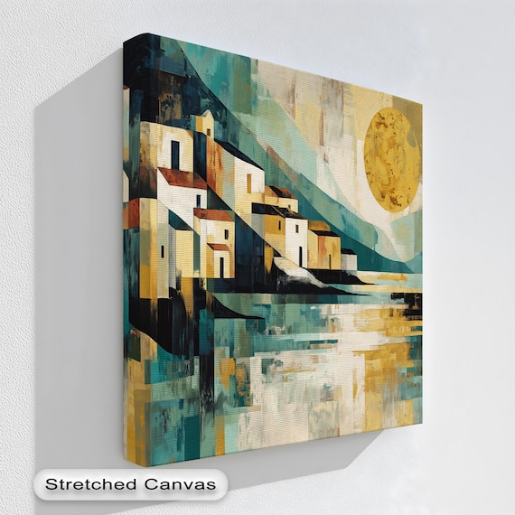 Mediterranean Village Canvas Art Teal Gold Abstract Coastal Decor