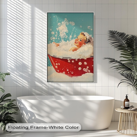 Retro Pinup Girl in Red Bubble Bath Vintage Glam Bath Poster