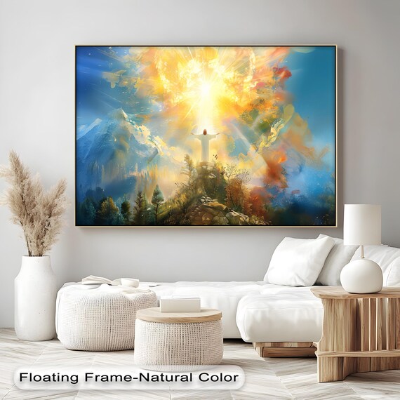Jesus Arms Open Mountain Sunrise Poster Radiant Golden Light Christian Art
