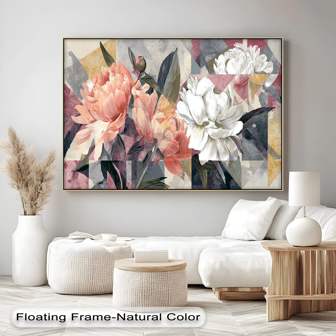 Elegant Bloom Geometric Coral Peony Floral Modern Abstract Art Print