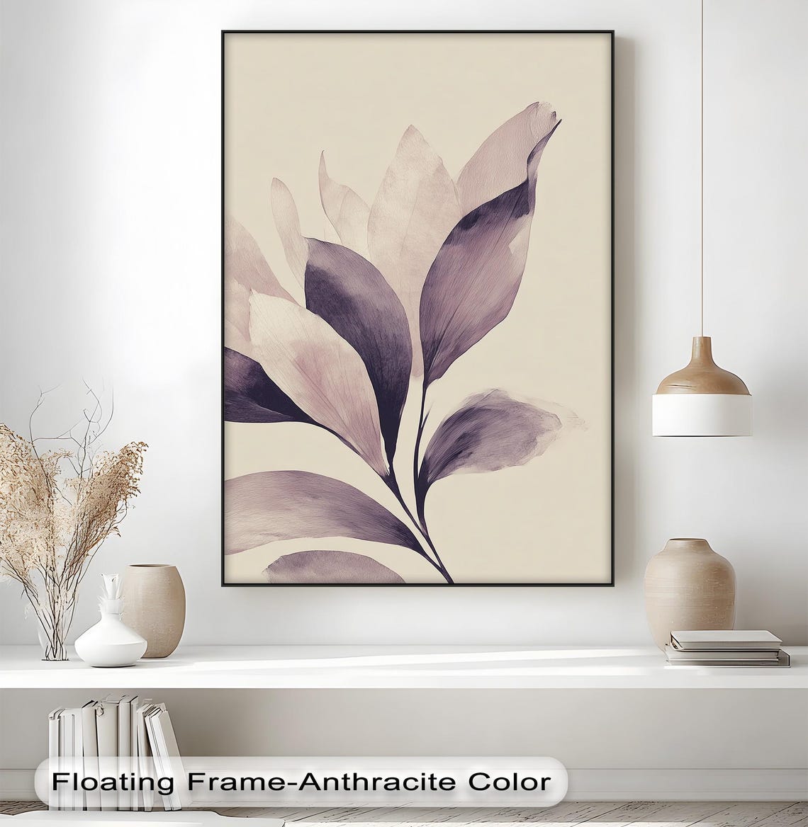 Purple Botanical Canvas Wall Art Minimal Black Floating Frame