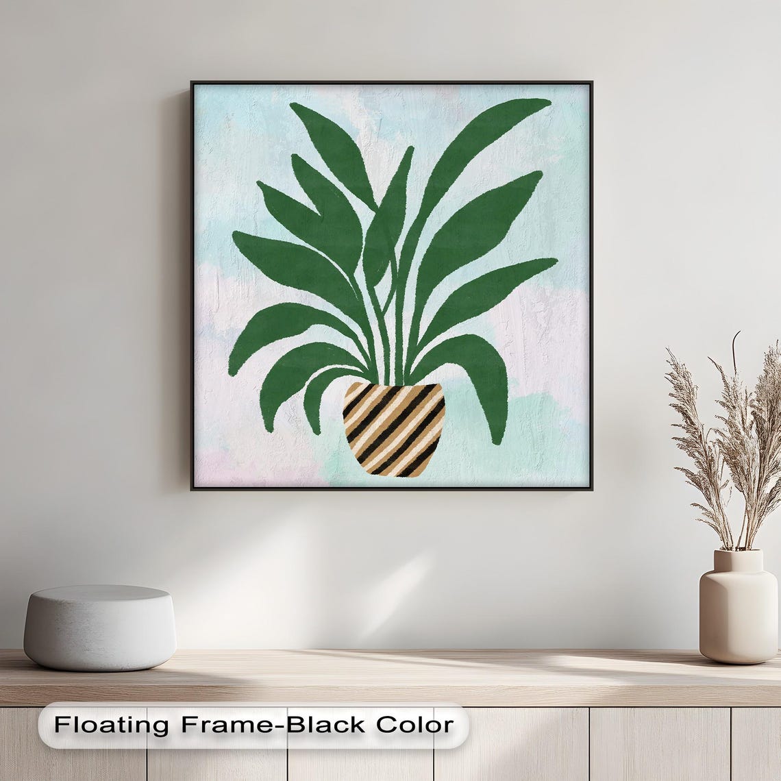 Striped Pot Plant Canvas Art Modern Green Botanical Print With Black Frame
