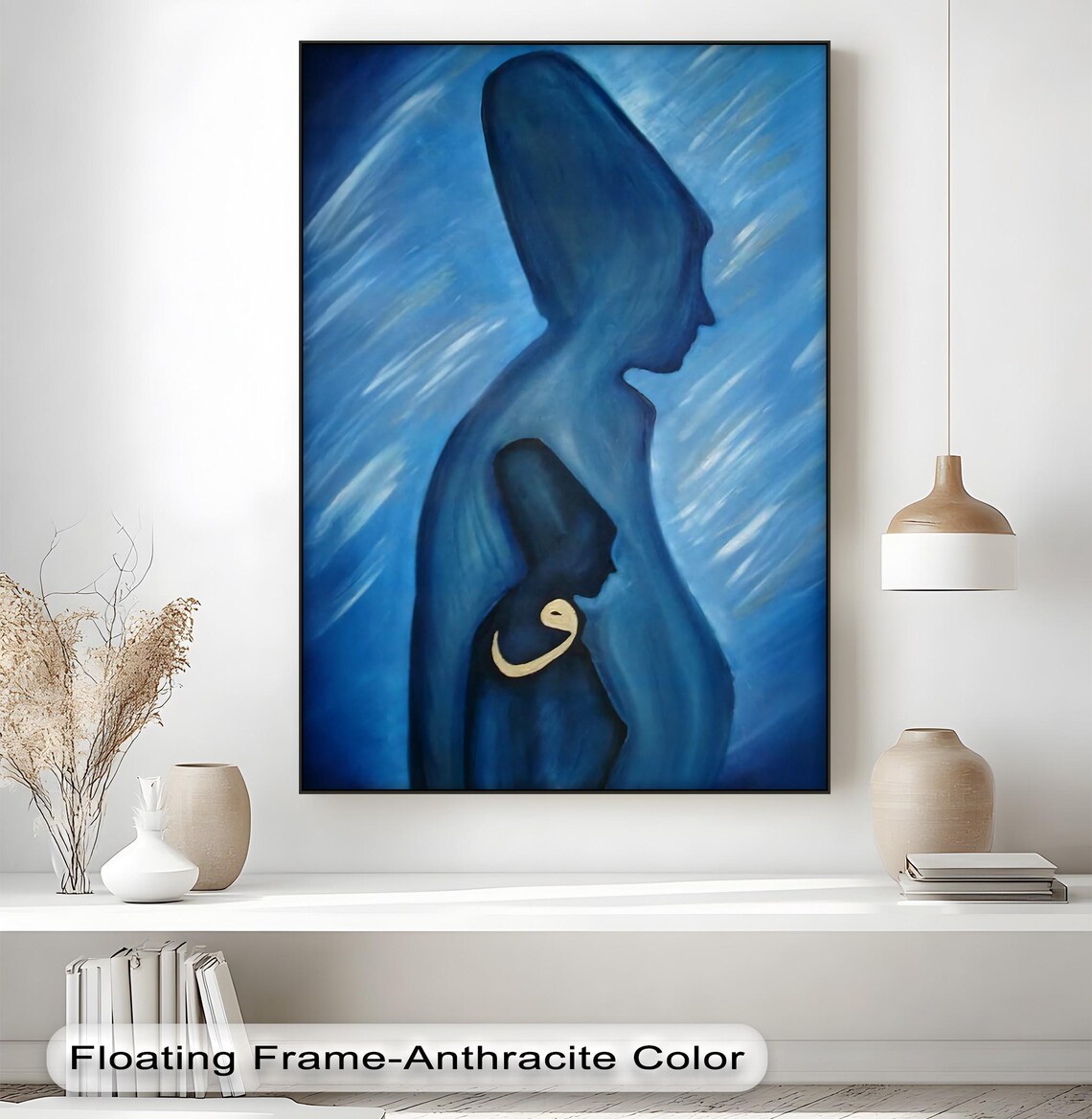 Mother and Child Blue Silhouette Painting Elegant Motherhood Print