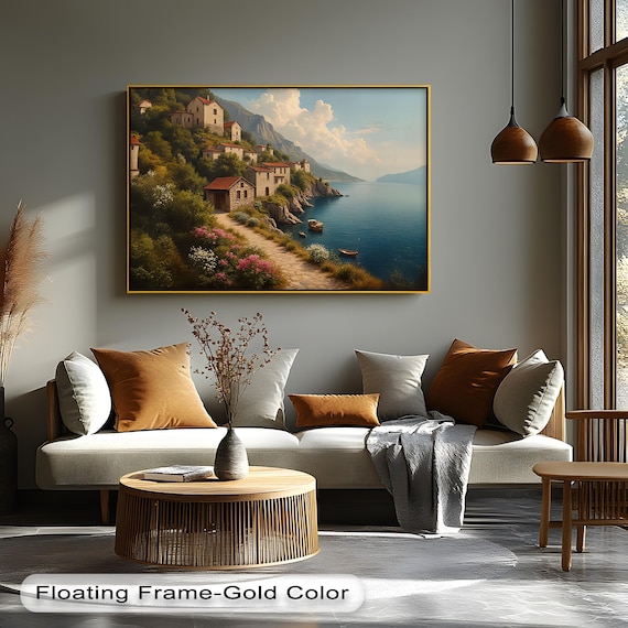 Mediterranean Coastal Village Stone Path Cliffside Sea Painting Print