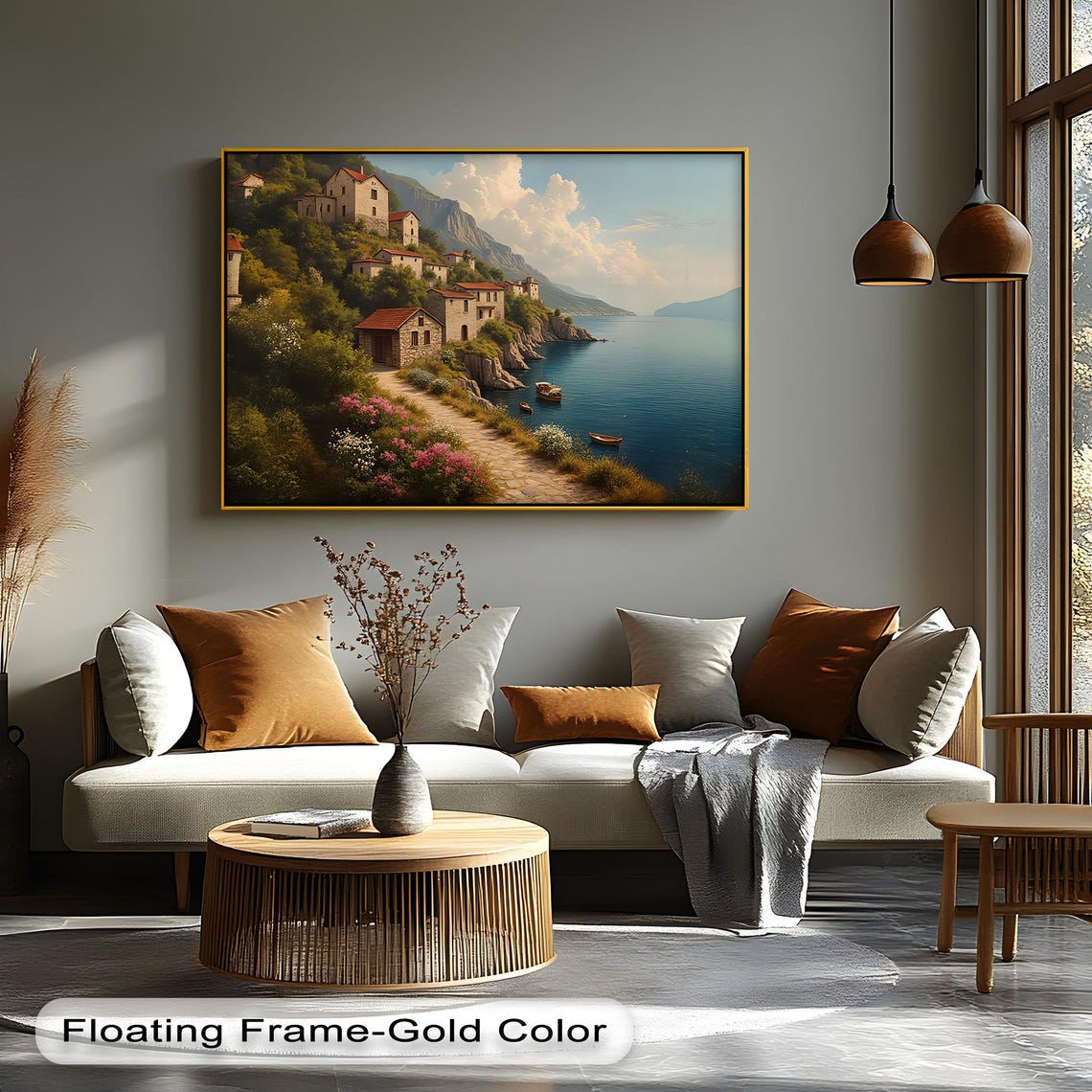 Mediterranean Coastal Village Stone Path Cliffside Sea Painting Print