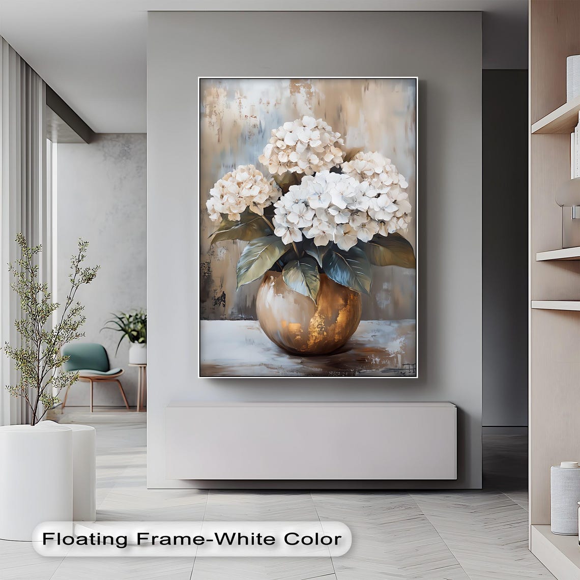 White Hydrangea Gold Vase Classic Oil Painting Elegant Floral Poster