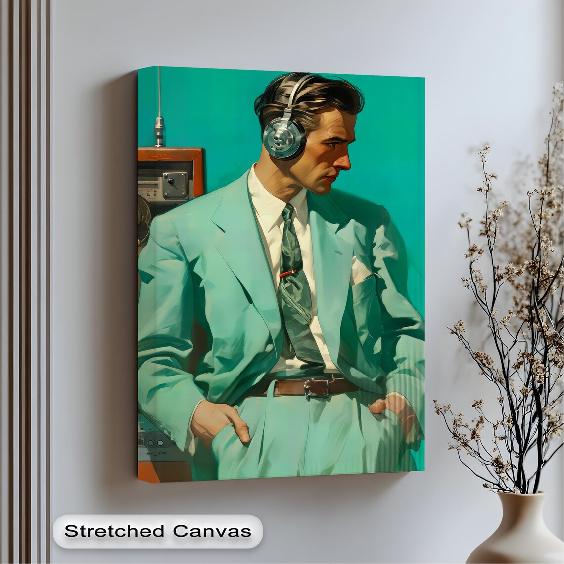 Retro Teal Suit Gentleman Headphones Midcentury Music Poster
