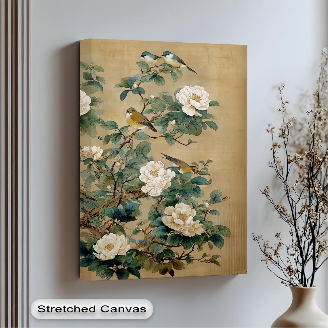 Asian Style Birds White Blossoms Vintage Botanical Art Poster