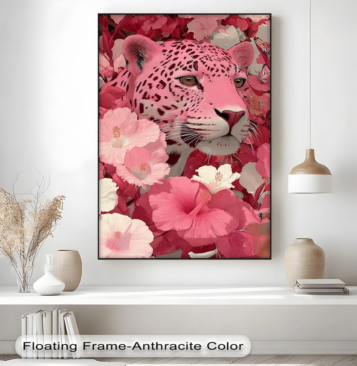 Pink Leopard with Hibiscus Flowers Maximalist Floral Jungle Wall Art
