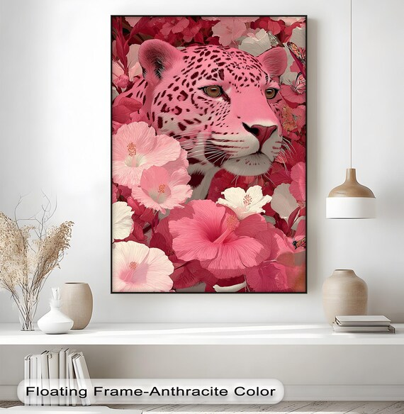 Pink Leopard Canvas Print Tropical Floral Gold Frame Wall Art