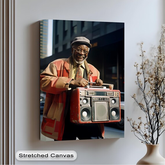 Smiling Man Boombox Retro Hip Hop Street Portrait Joyful Canvas Wall Art
