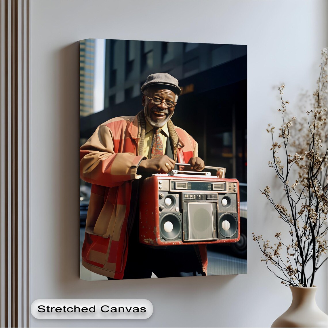 Smiling Man Boombox Retro Hip Hop Street Portrait Joyful Canvas Wall Art