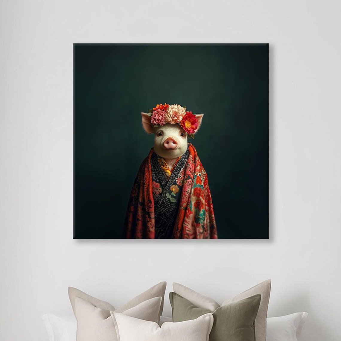 Pig In Floral Crown And Red Kimono Robe Dark Portrait Poster