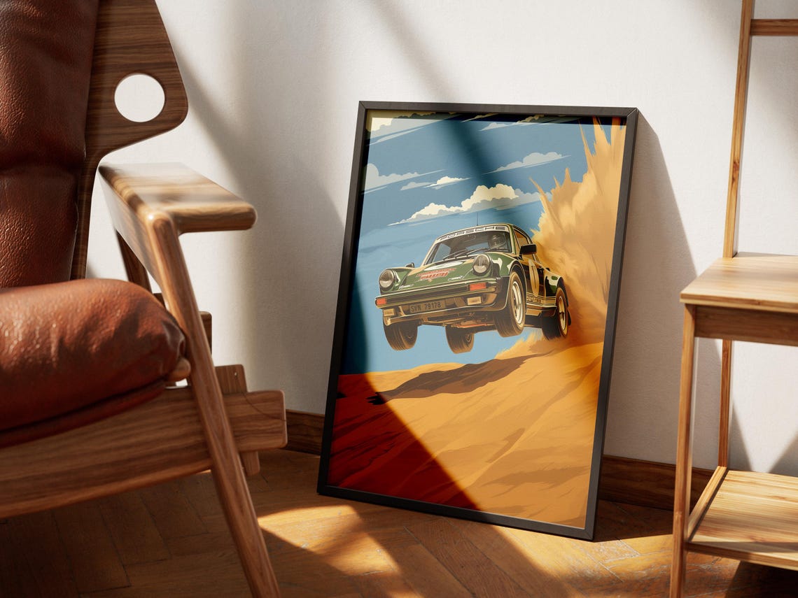 Green Porsche 911 Rally Car Jumping Desert Dune Modern Poster - Image 2
