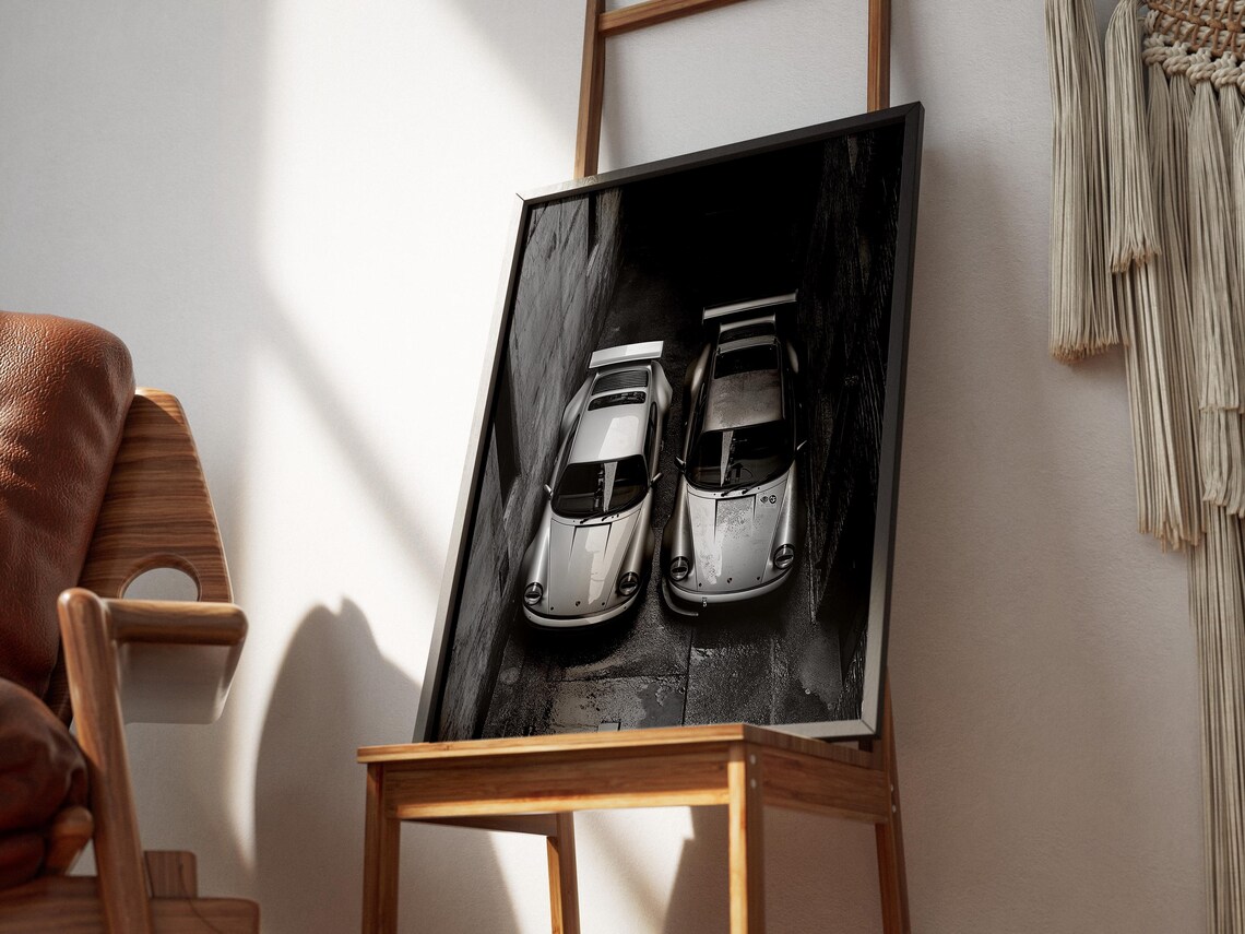 Two White Porsche 911 Cars Brick Alley Black White Photo Poster - Image 3