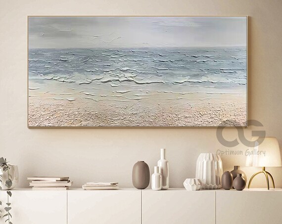 Textured Ocean Waves Painting Grey Blue Palette Knife Sandy Shore Wall Art Poster