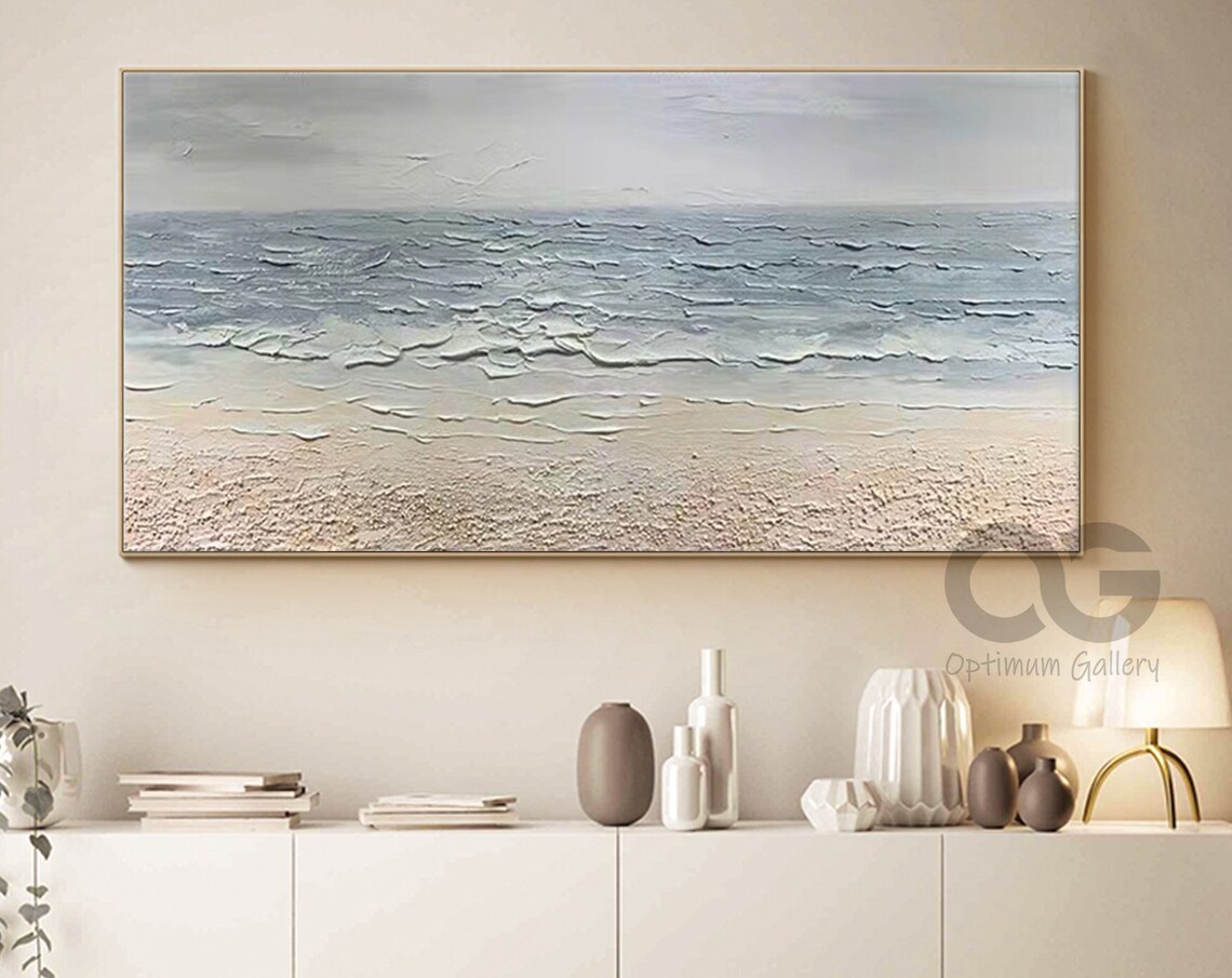 Textured Ocean Waves Painting Grey Blue Palette Knife Sandy Shore Wall Art Poster