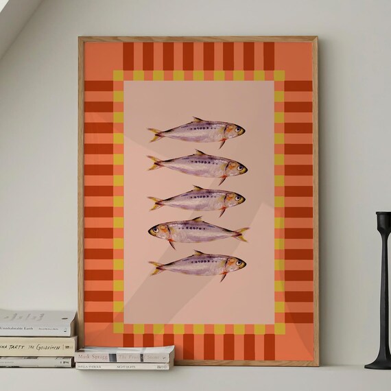 Vintage Sardines Fish Green Pink Stripe Trendy Kitchen Wall Art Retro Modern Food Home Decor