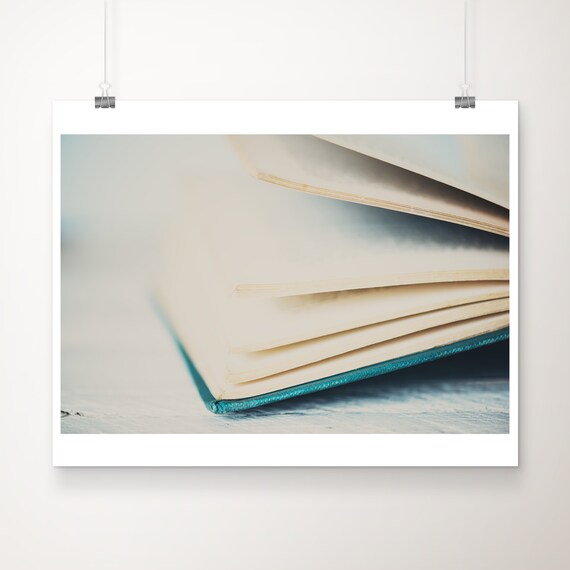 Open Book Cream Pages Teal Cover Close-Up Literary Photo Print