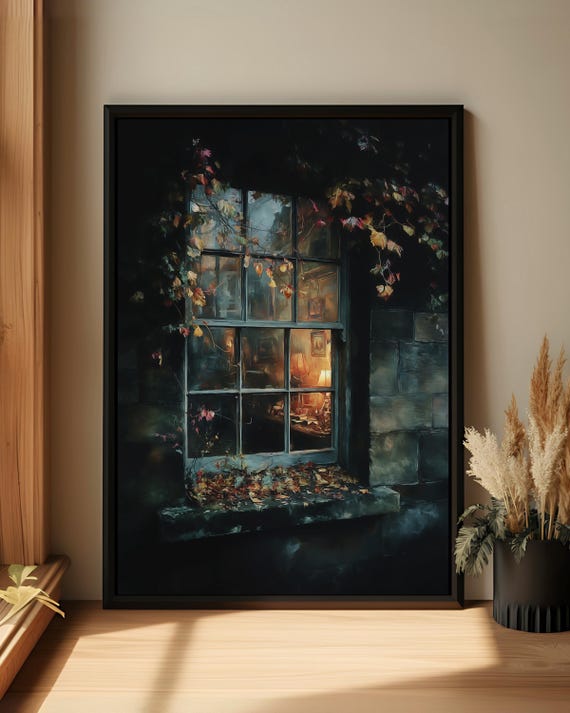 Moody Autumn Window Wall Art Cozy Vintage Home Glow Canvas Romantic Evening Print