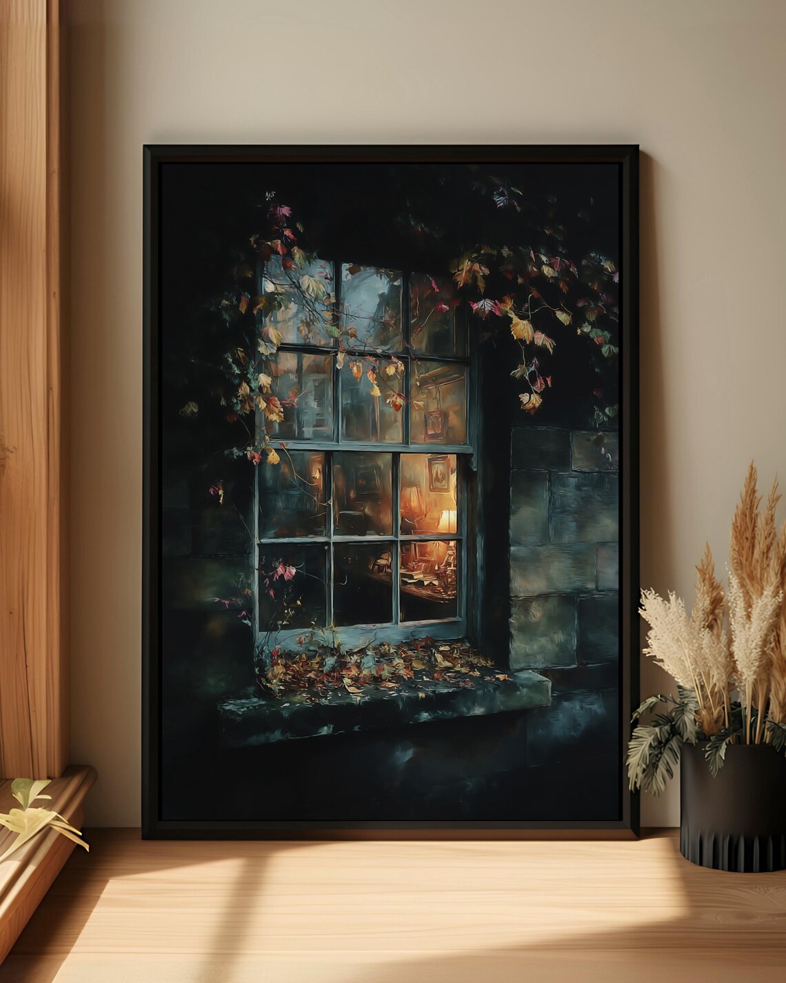 Cozy Autumn Window Glowing Cottage Vintage Evening Art Print