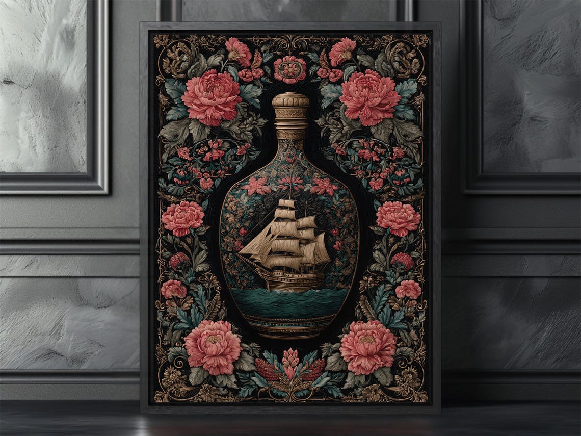 Nautical Ship In Bottle Dark Floral Maximalist Vintage Poster