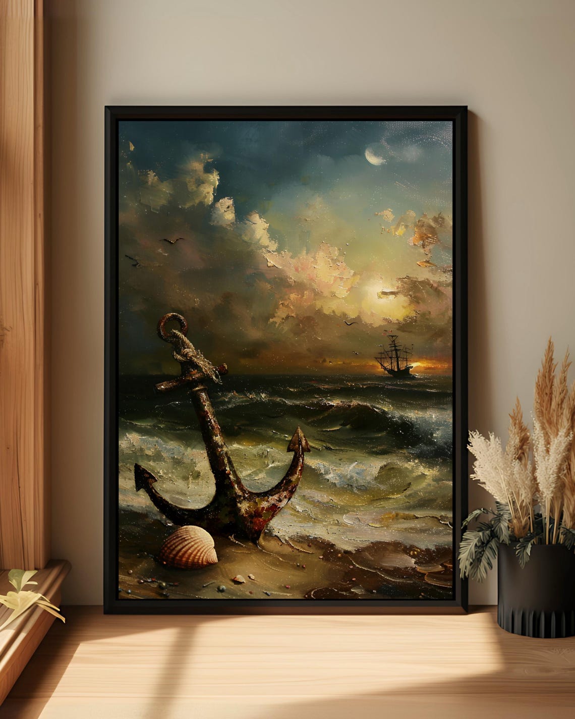 Rusty Anchor Sunset Seascape Oil Painting Nautical Beach Wall Poster