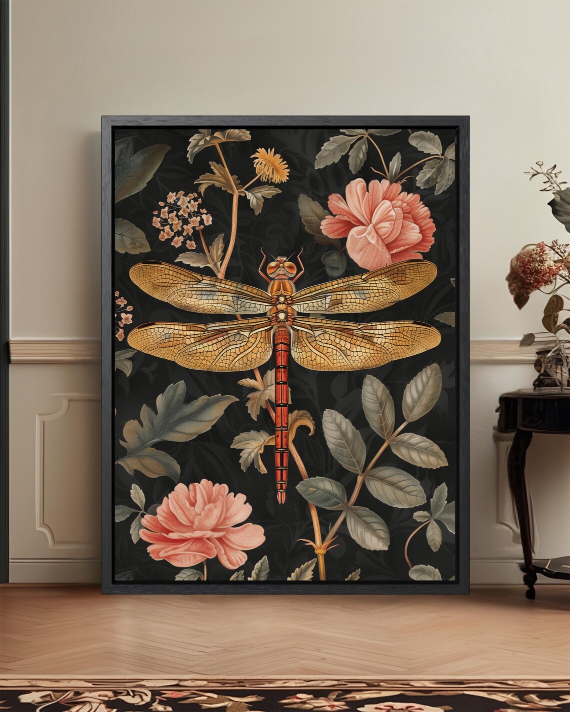 Golden Dragonfly Botanical Illustration Dark Floral Art Poster