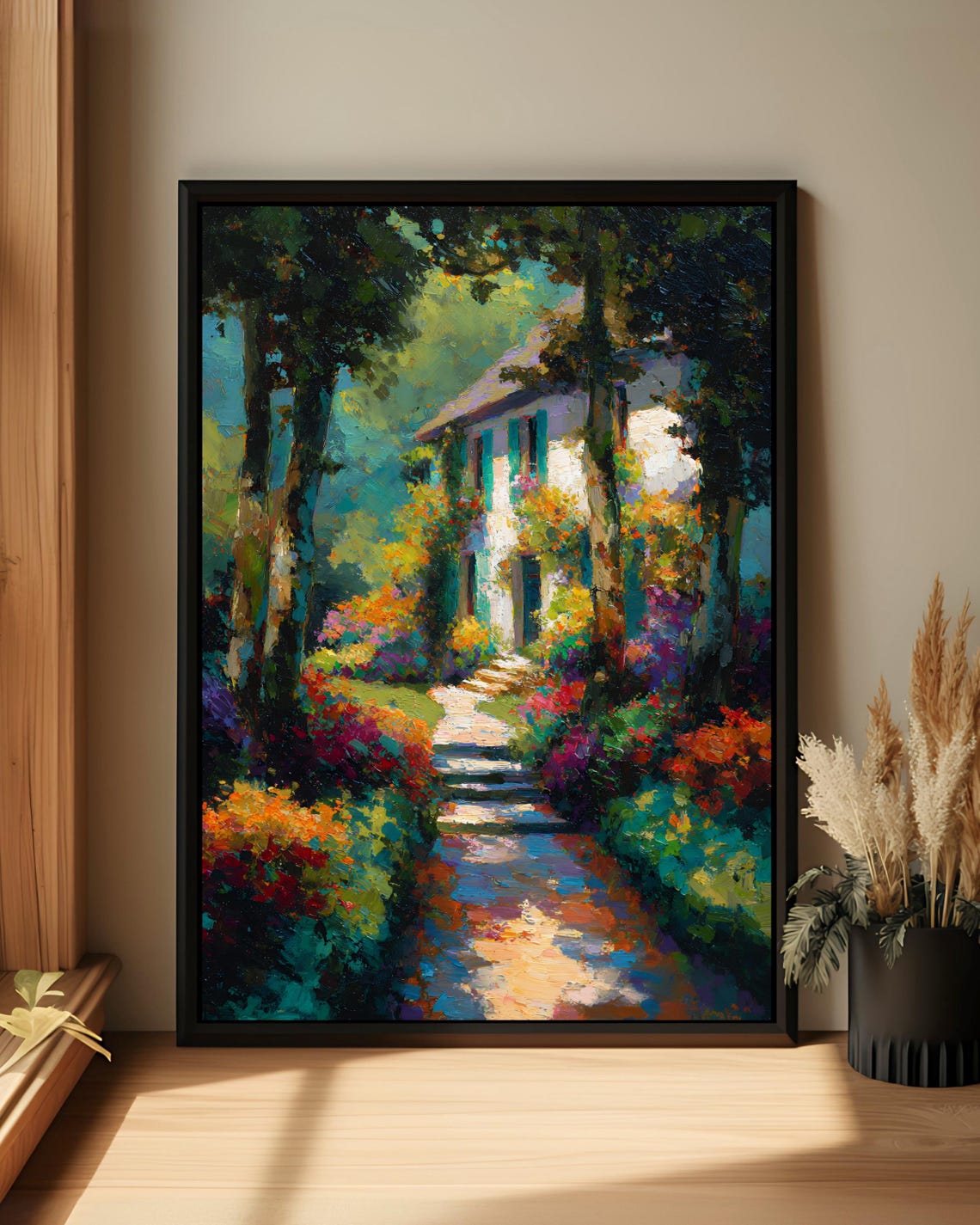 Impressionist Flower Garden Stone Path to Glowing Cottage House Poster