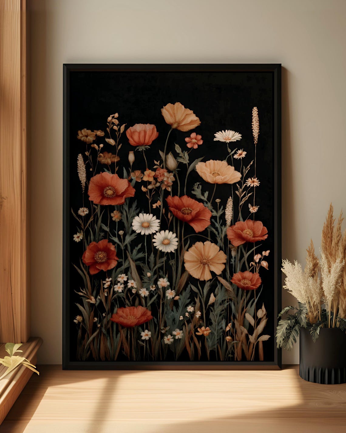 Dark Floral Wall Art Vintage Poppy Daisy Botanical Print