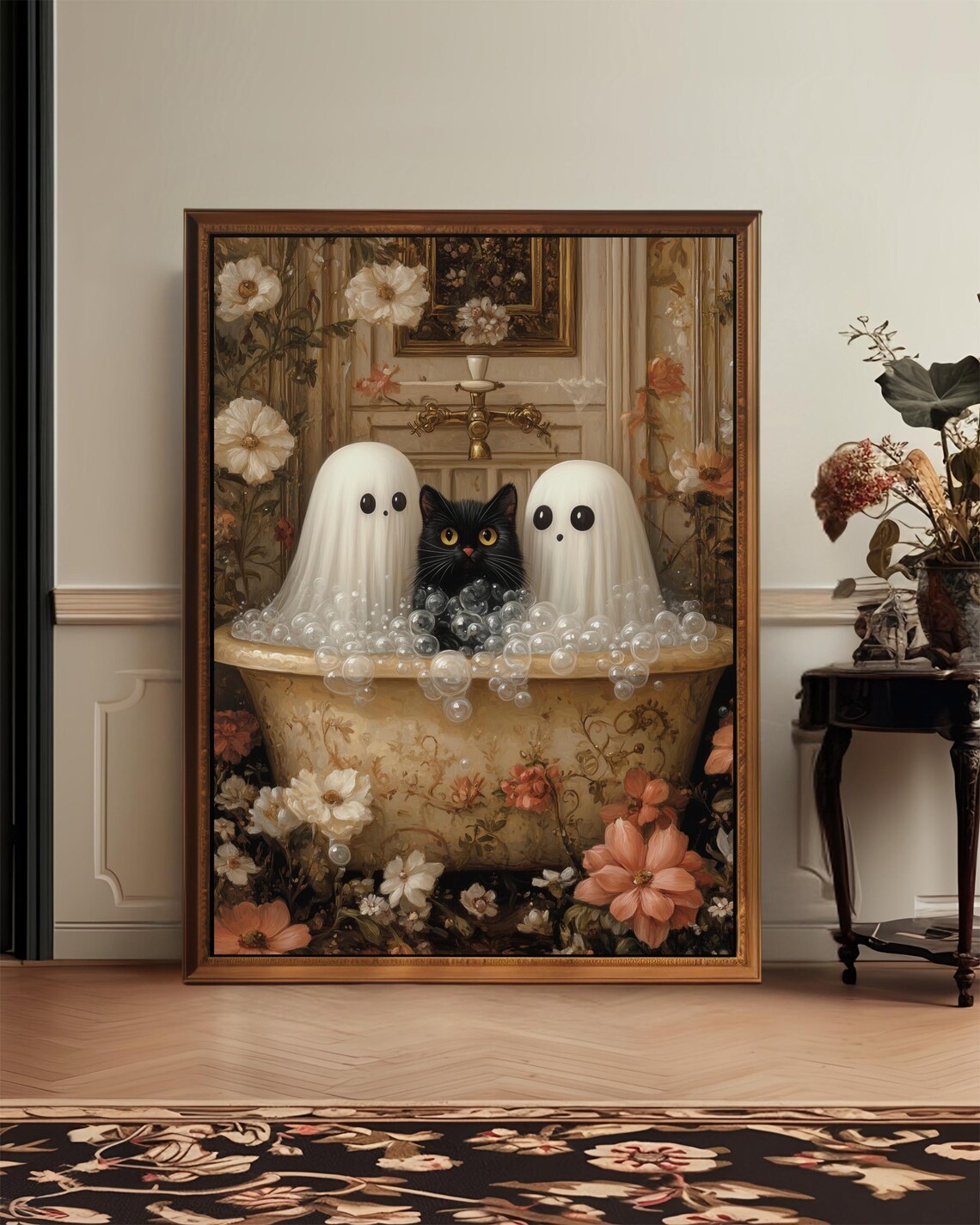 Halloween Cute Cat Vintage Bathroom Wall Art Print