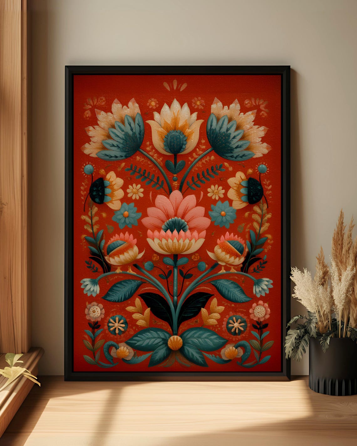 Red Folk Floral Art with Teal Flowers Bohemian Botanical Poster