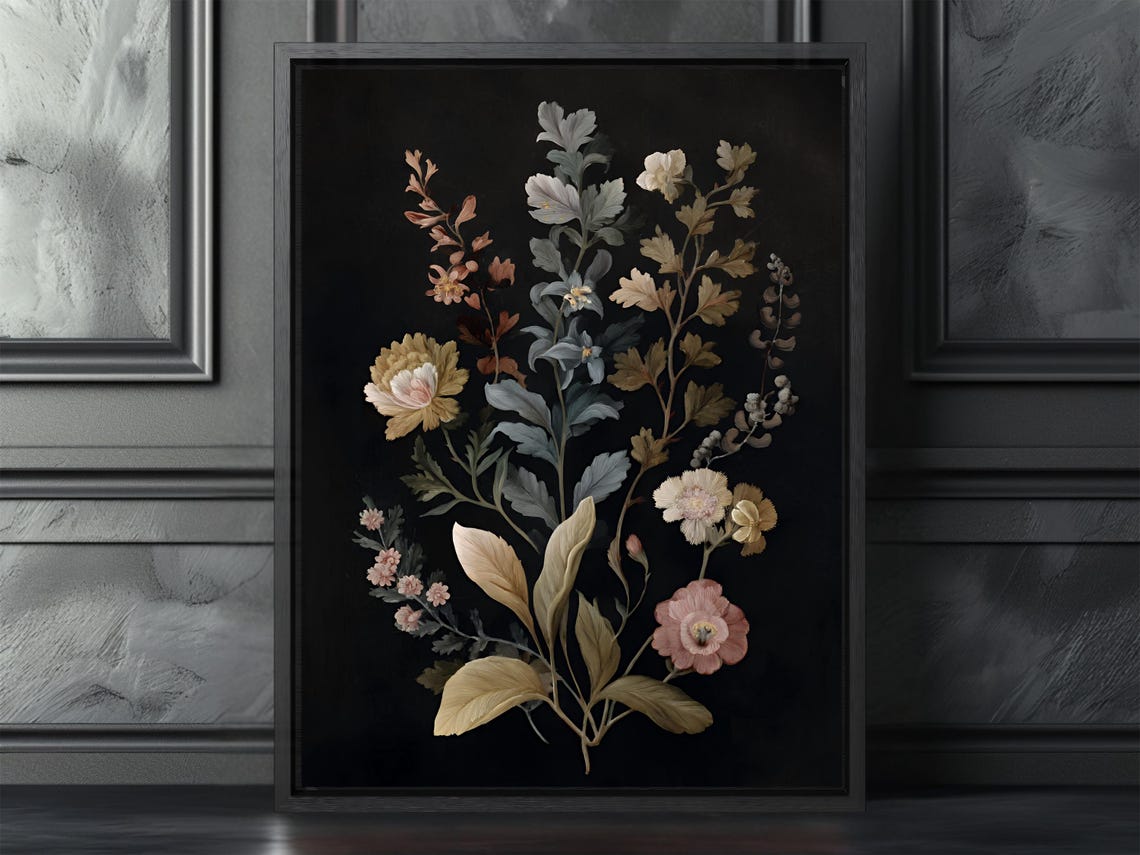 Classic Vintage Botanical Floral Dark Moody Black Tone Art Print