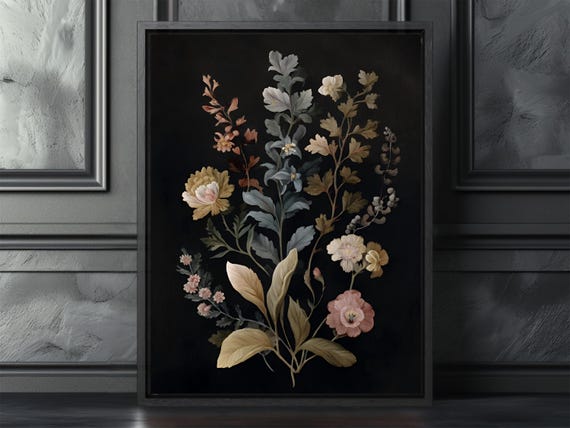 Antique Floral Botanical Wall Art Elegant Dark Vintage Style Canvas Print