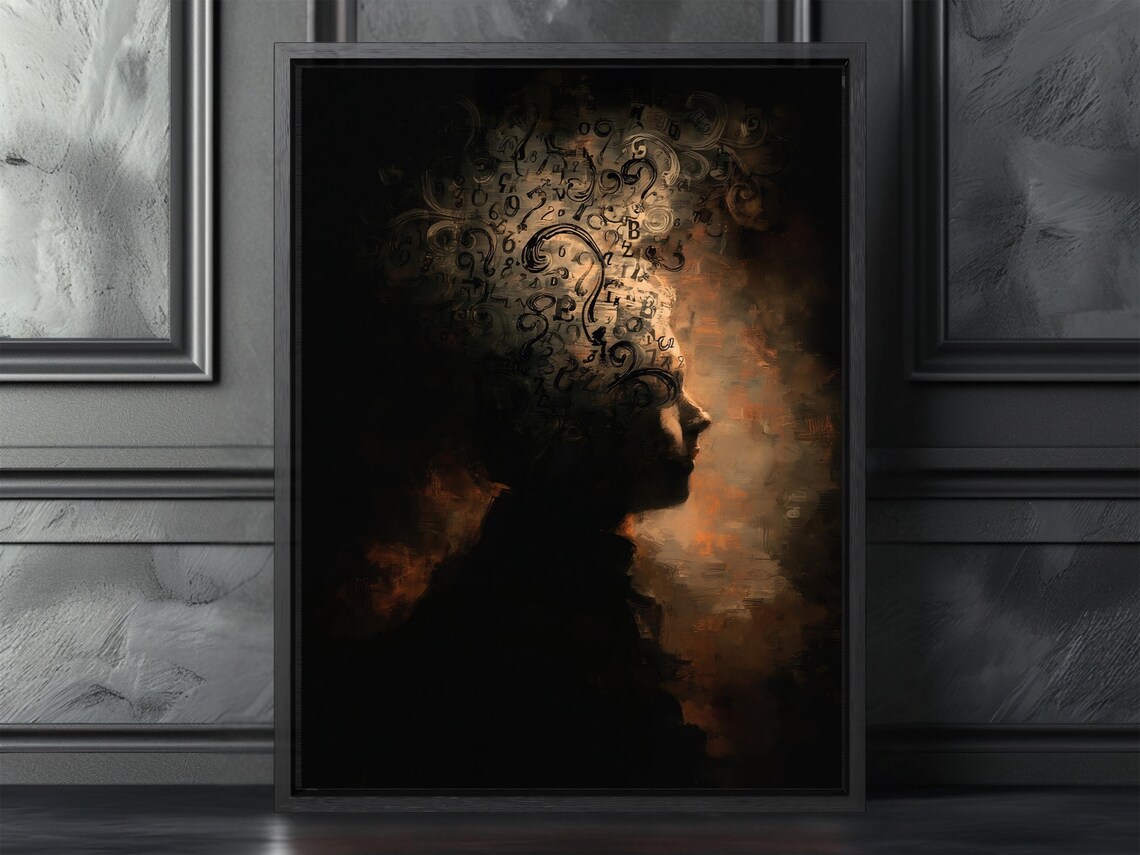Woman Silhouette Swirling Numbers Dark Thoughtful Art Poster