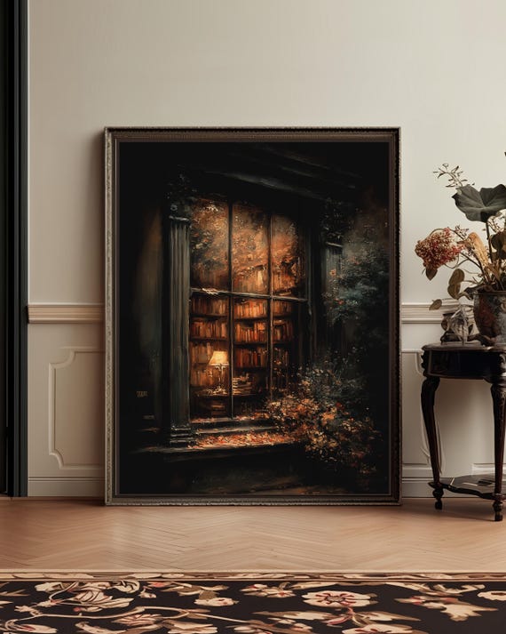 Library Wall Art Moody Book Lover Window Canvas Print Dark Academia Decor
