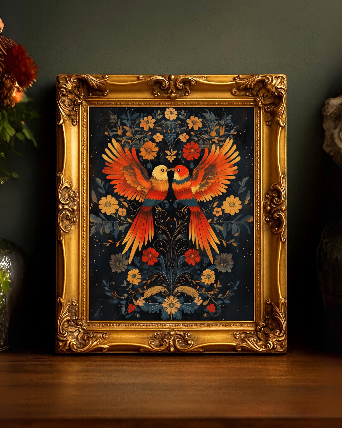 Vintage Dark Floral Bird Art Print, Mid-Century