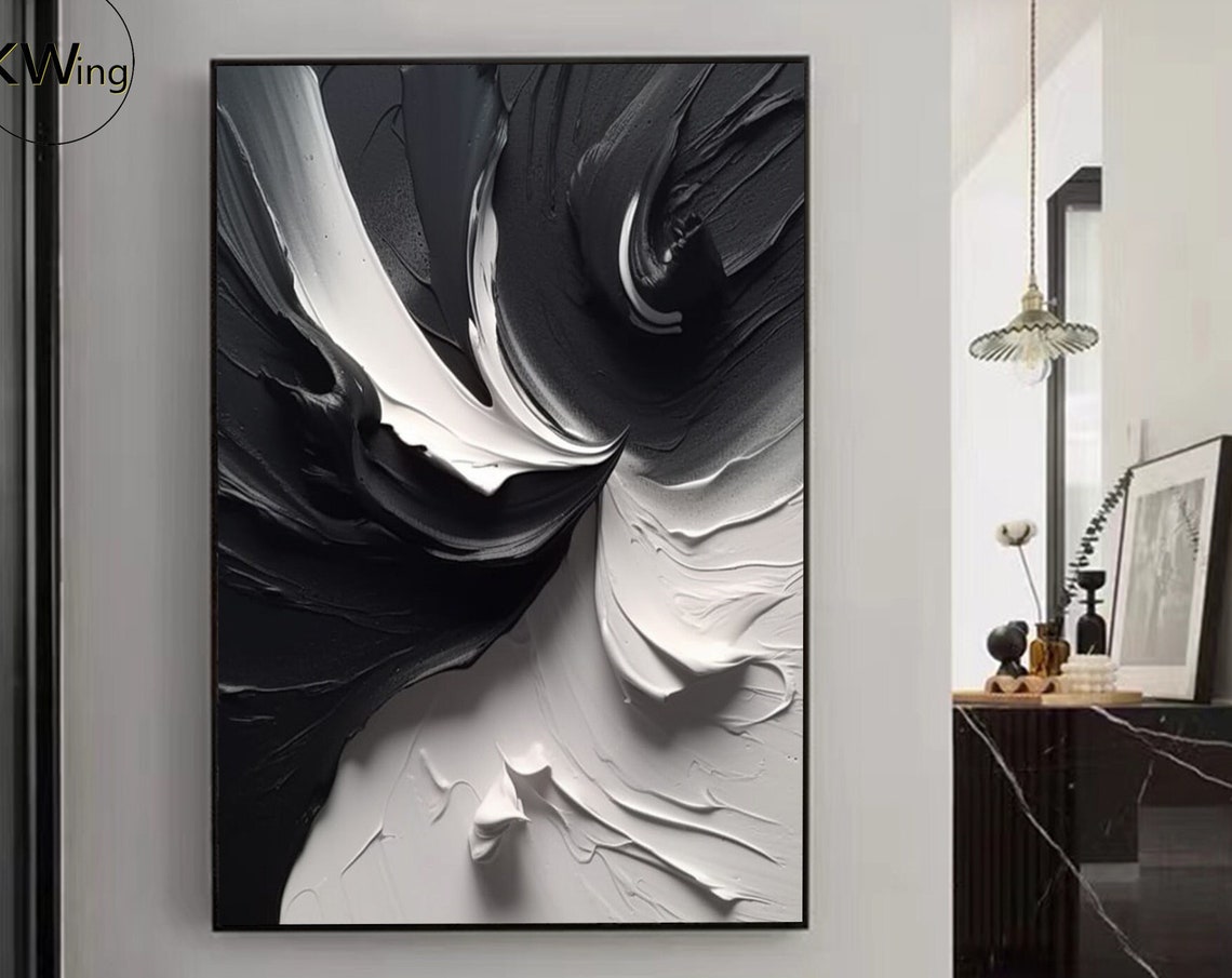 Black White Flowing Feather Wave Impasto Textured Yin Yang Poster