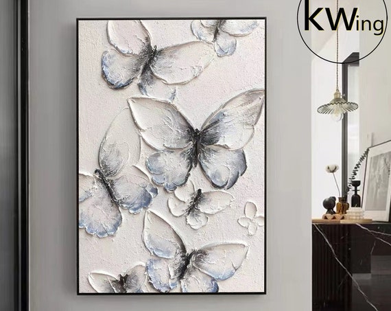Original Texture Butterfly Acrylic Painting 3d Abstract Texture Art White Blue And Black Butterfly Textured Wall Art Living Room Wall Decor