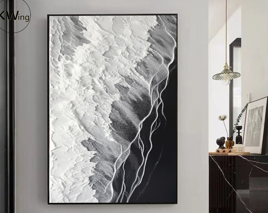Black White Ocean Wave Aerial View 3D Texture Abstract Art Poster