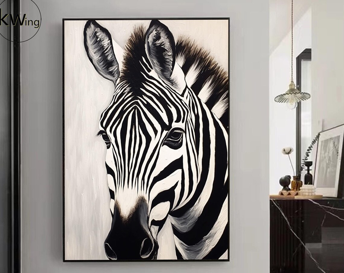 Black White Zebra Portrait Abstract Oil Painting Minimalist Animal Poster