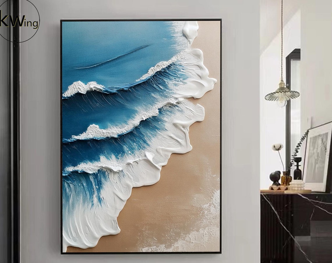 Blue White Ocean Waves Sand Beach Aerial 3D Texture Art Poster