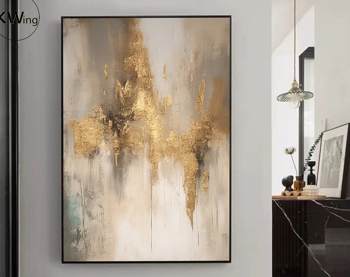 Beige Gold Leaf Abstract Painting Dripping Metallic Elegant Art Poster