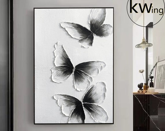 Black And White Butterfly Textured Painting Texture Butterfly Artwork Modern Textured Animal Painting Palette Knife Living Room Wall Decor