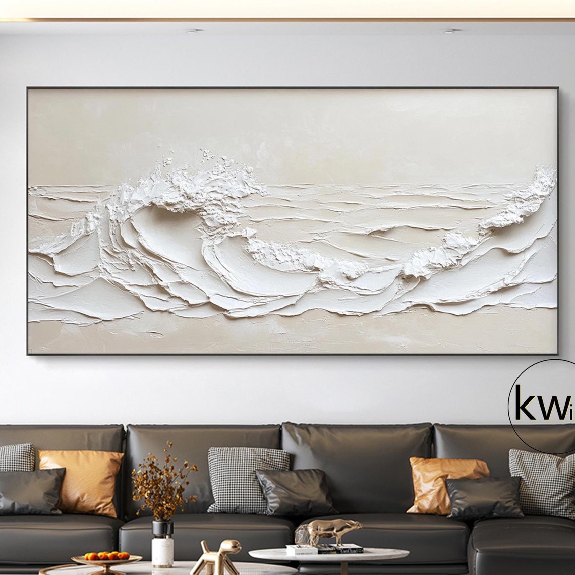 White Minimalist Ocean Wave Crest 3D Texture Painting Panoramic Poster