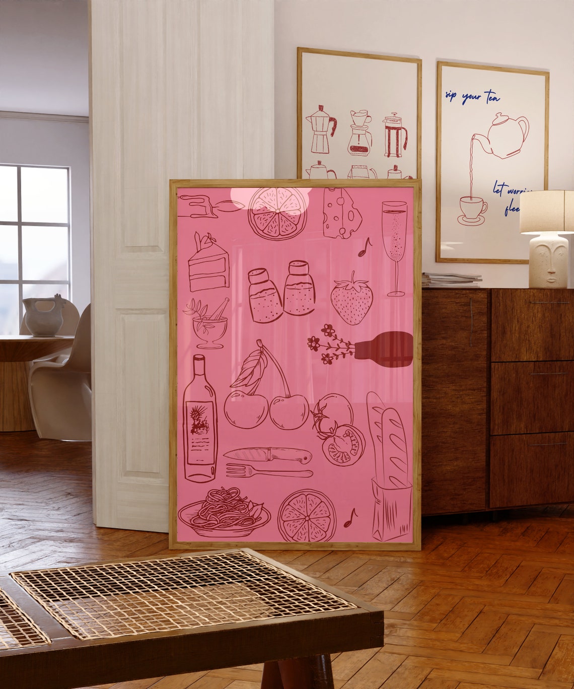 Pink Kitchen Food Line Illustrations Pasta Wine Decor Poster