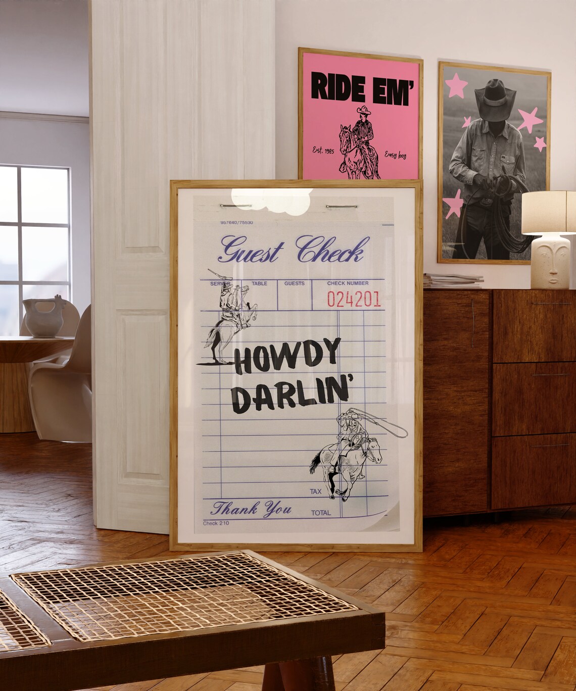 Cowboy Guest Check Minimal Art Print, Western Decor
